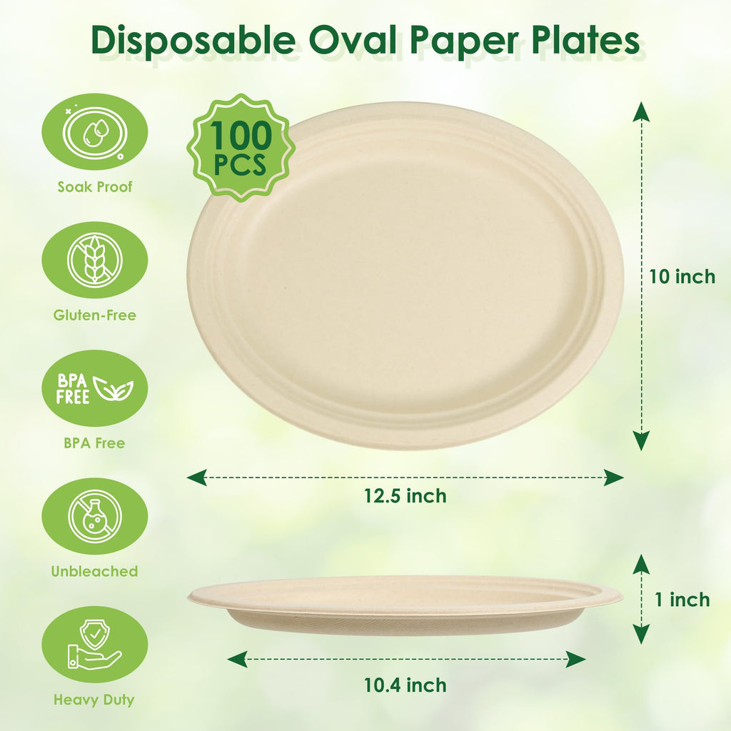 FEHHTO Disposable Oval Paper Plates, 100Pack 12.5inch Biodegradable Paper Plates, Compostable Heavy Duty Bagasse Platters Eco-Friendly Sugarcane Plates for BBQ, Party, Picnic - Natural Brown