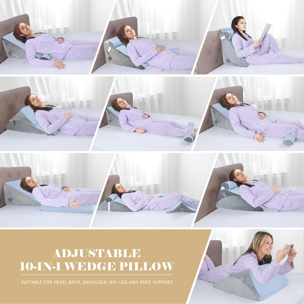 BEYOUDO 3pcs Bed Wedge Pillow Set, Adjustable Bed Wedge Pillow for Sleeping, 7 & 12 Inch Wedge Pillow Headboard for Acid Reflux and Back Pain Relief, Post Surgery, Snoring, Back Support, Light Blue