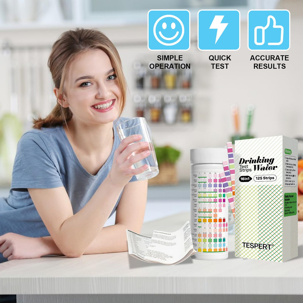 Water Testing Kits for Drinking Water: 125 Strips 16 in 1 Well and Drinking Water Test Kit, TESPERT Water Test Strips with Hardness, pH, Lead, Iron, Copper, Chlorine, and More