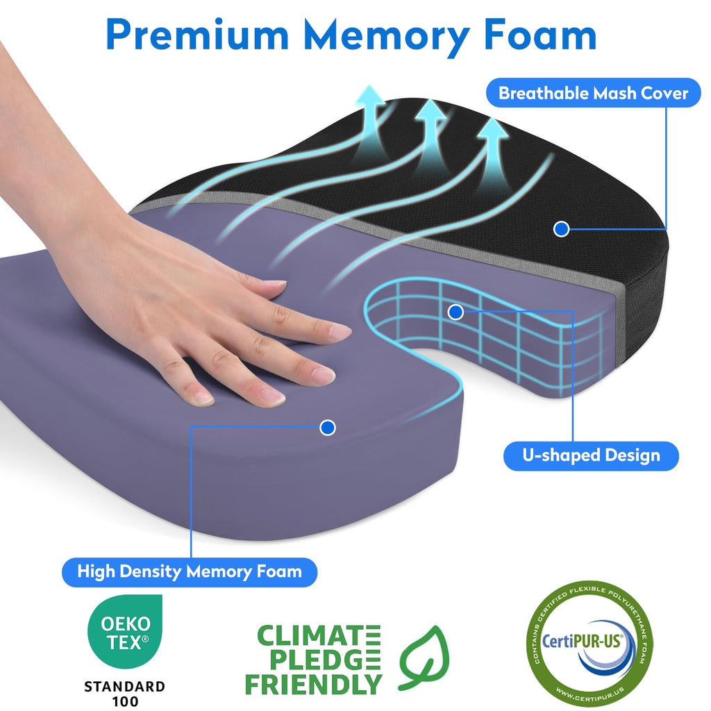 Seat Cushion - Memory Foam Office Chair Cushion for Sciatica, Tailbone & Back Pain Relief - Orthopedic Coccyx Pillow for Car, Airplane, Pregnancy & Long Sitting at Work, Black