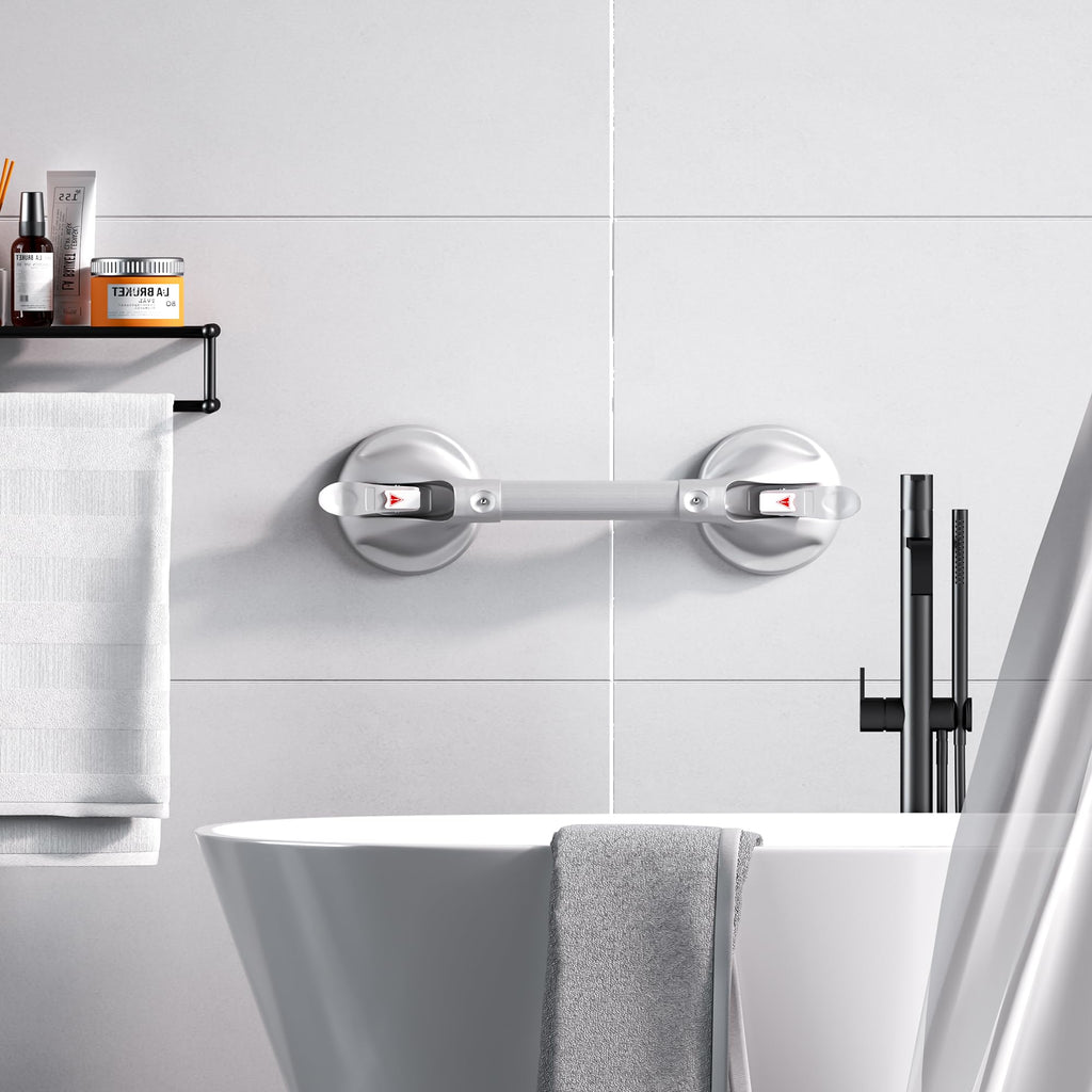 DAILYLIFE Shower Grab Bar for Bathtubs and Showers, 17 inch Heavy Duty Shower Handle with Strong Suction Cup, 300lbs Safety Shower Handrails for Seniors and Elderly, Silver