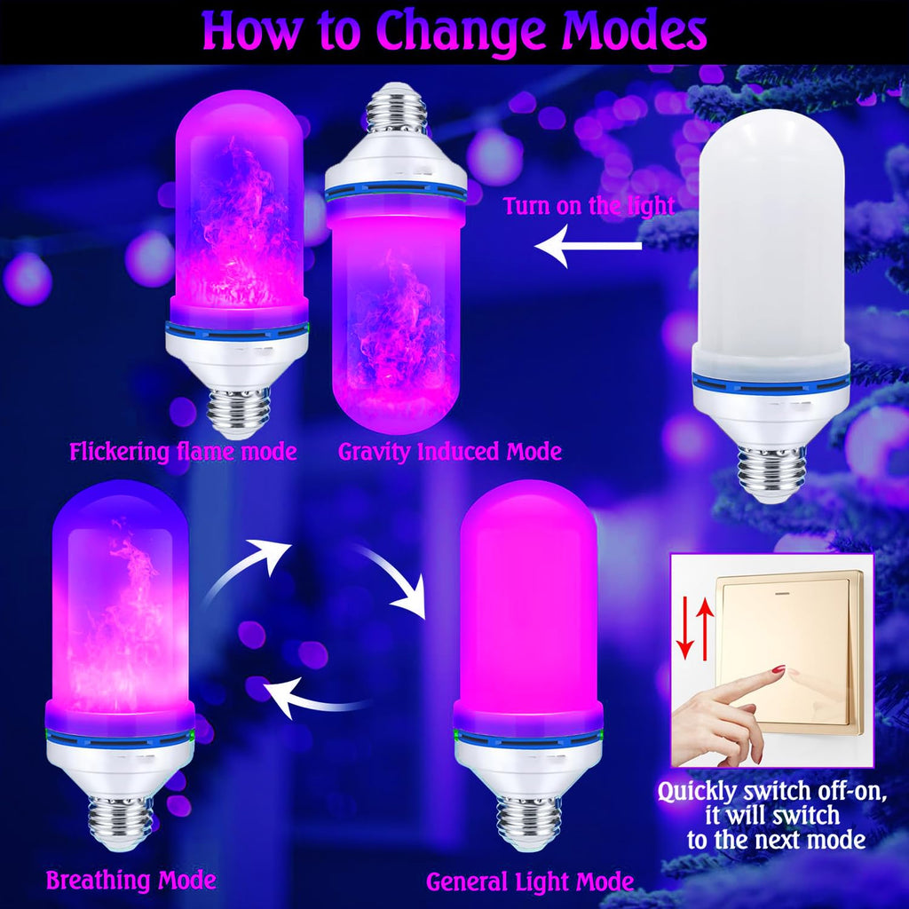 LeiNetfor Upgraded LED Flame Light Bulbs, 4-Mode Flickering Light Bulbs with Gravity Sensor, E26 Fire Light Bulb for Porch Party Patio Home Halloween Christmas Indoor Outdoor (Purple, 2)