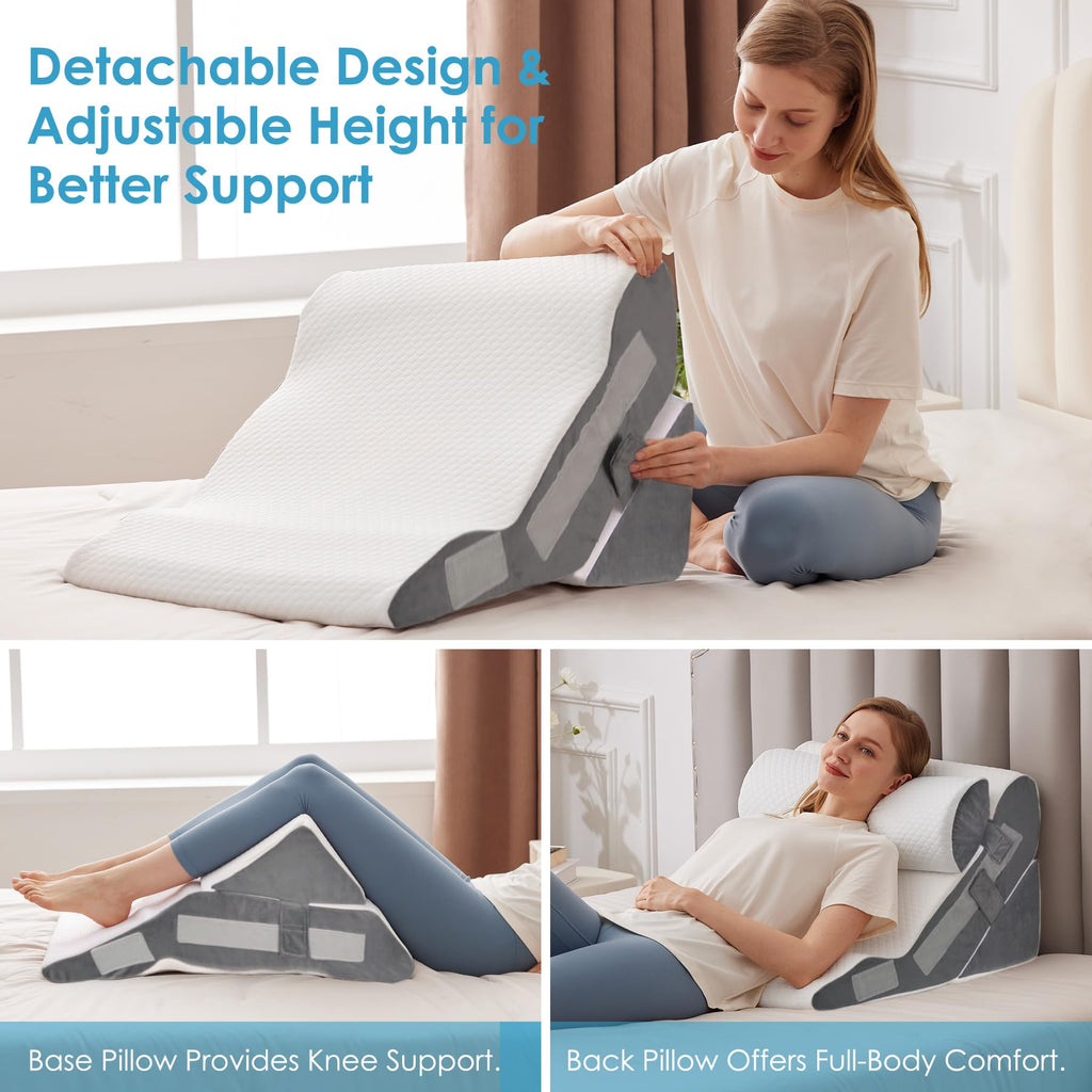 MEGCXIT 3PCS Bed Wedge Pillow for Headboard, 10-in-1 Adjustable Foam Wedge Pillow for Acid Reflux Relief, 23” Wide Triangle Pillow Wedge for Post Surgery, Back Pain Relief & Snoring, White/Grey