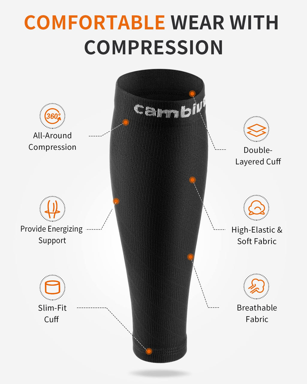 CAMBIVO 3 Pairs Calf Compression Sleeve for Women Men, Leg Support for Shin Splints, Varicose Vein(Pure Black, Large-X-Large)