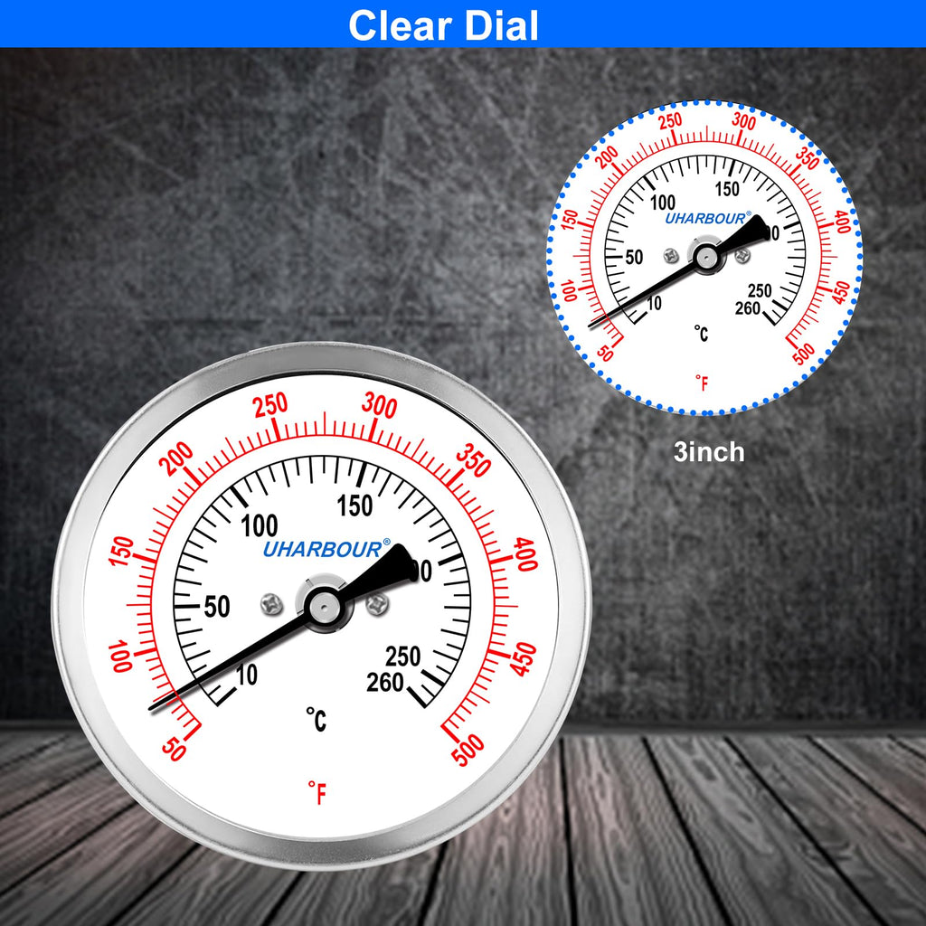 UHARBOUR 3" Dial Oil Thermometer for Frying, Fully StainlessSteel Deep Fry Thermometer, 4" Stainless Steel Stem, 50 to 500°F, 1/2" NPT Back Mount