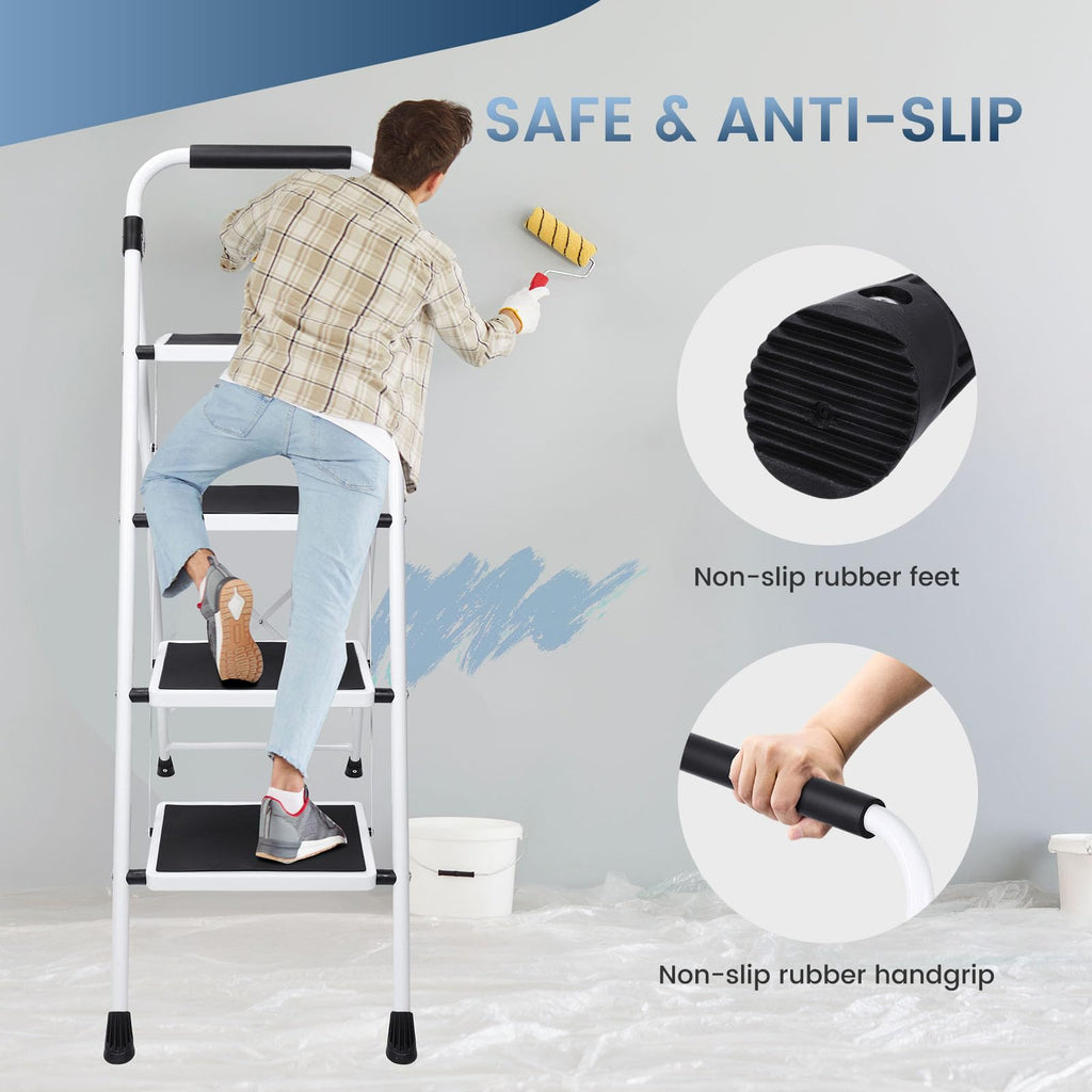OLIXIS Step Ladder, 4 Sturdy Step Stool with Anti-Slip Pedal & Handrail