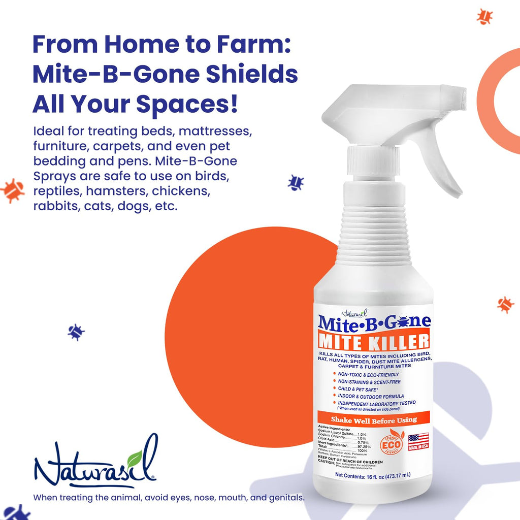Mite Killer Spray by Mite-B-Gone — Kills Human Mites, Bird, Dust, Spider, Rat, Turkey, Carpet Mites. Treatment for Homes, Furniture, Bedding, Auto & Animals | Non-Toxic | Kid & Pet Safe | 16oz Spray