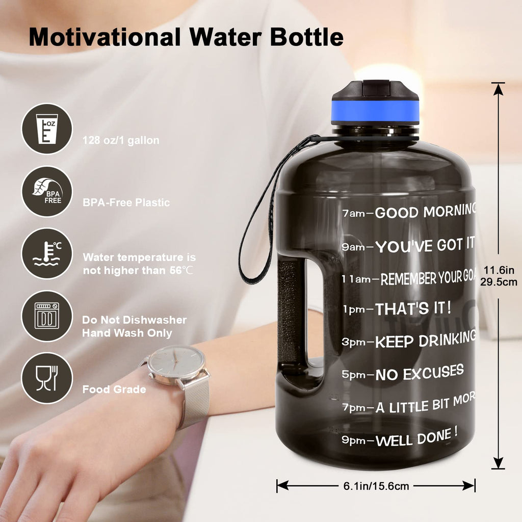 Motivational Gallon Water Bottle - with Straw & Time Marker BPA Free Large Reusable Sport Water Jug with Handle for Fitness Outdoor Enthusiasts Leak-Proof(Black,1 gallon)