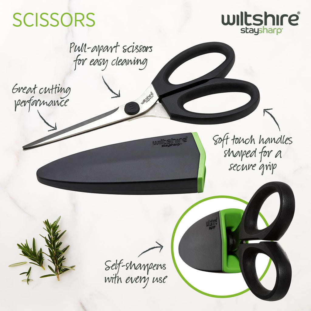 Wiltshire Staysharp Scissors, Kitchen Scissors with Built-in Sharpener, Sharp at All Times, Slim Design Scabbard, Pull-Apart, Soft Touch Handles for Easy Cleaning, Black, 10-Year Guarantee