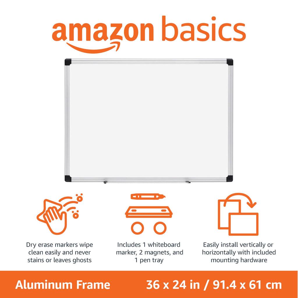 Amazon Basics Magnetic Dry Erase Whiteboard, 36 x 24-Inch, Aluminum Frame, Silver/White