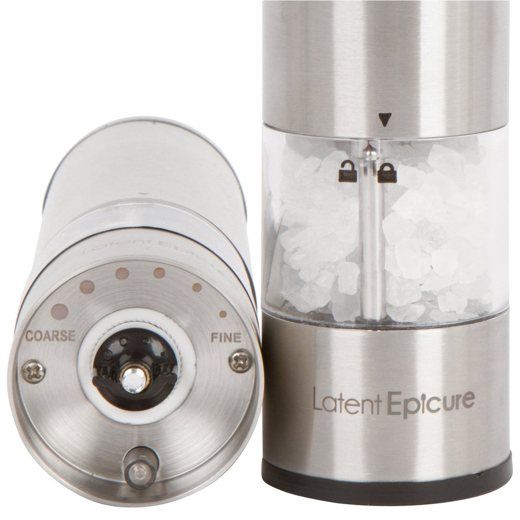 Latent Epicure Battery Operated Salt and Pepper Grinder Set - Complimentary Mill Rest | Bright Light | Adjustable Coarseness