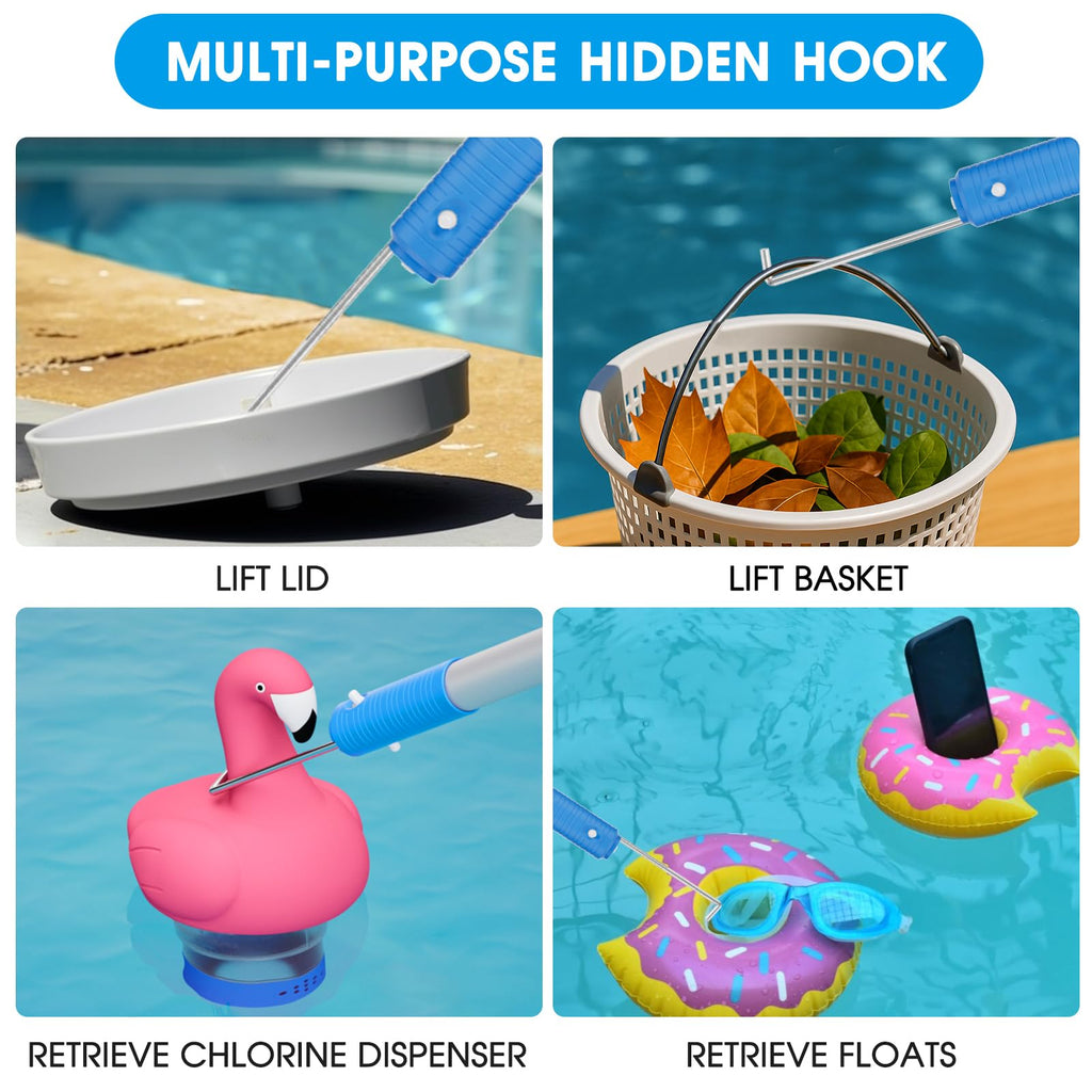 TidyMister Pool Brush Set - 20’’ 2-in-1 Detachable Round Brush with Extra Side Brush for Cleaning Hard-to-Reach Corners, 9 FT Aluminum Extended Pool Pole with Hidden Hook Retriever