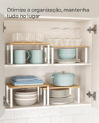 Cabinet Organizer Shelf, Set of 2 Kitchen Counter Shelves, Kitchen Storage, Spice Rack, Stackable, Expandable, Metal and Engineered Wood, 11.7 Inches, Cloud White and Natural Beige UKCS02NW
