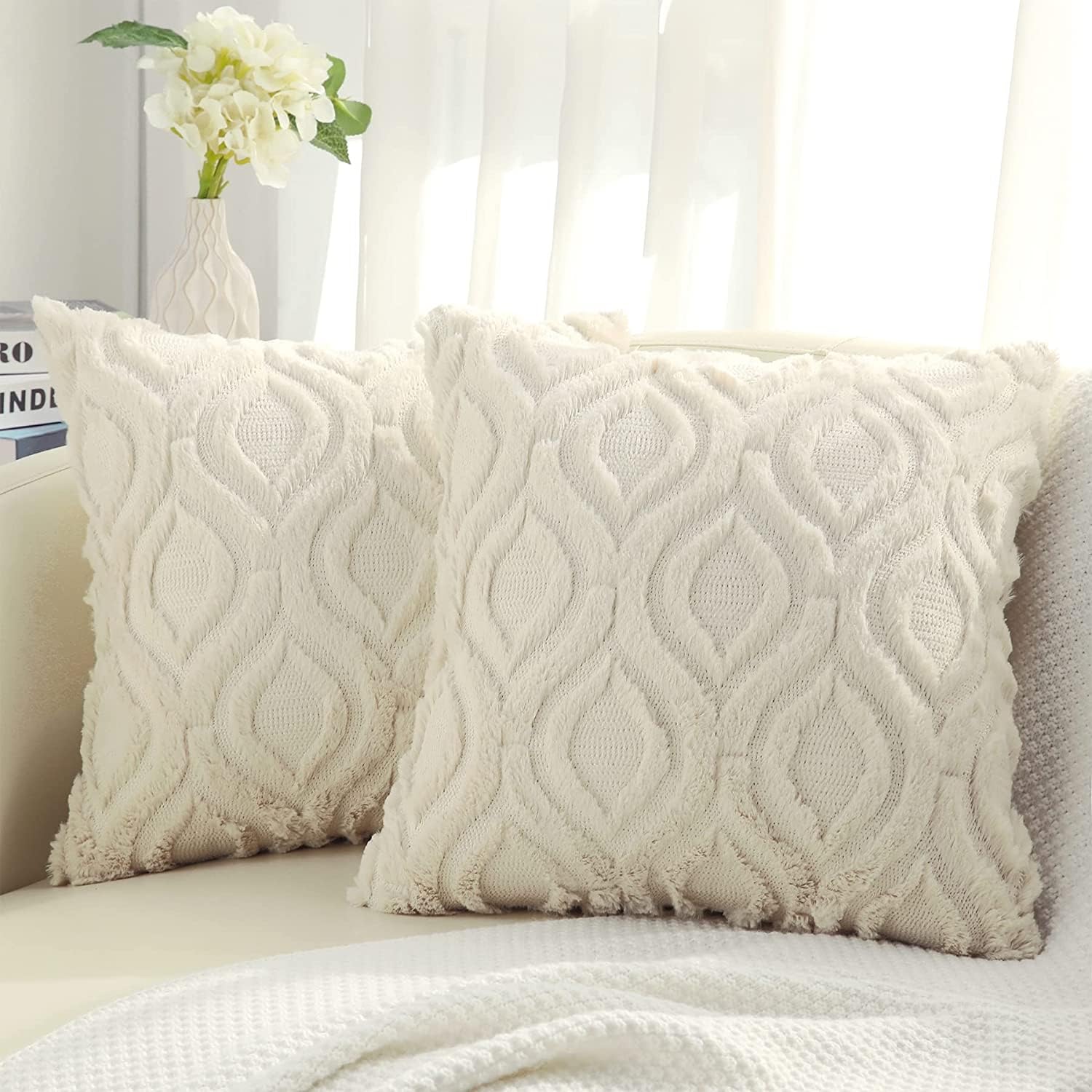 decorUhome Christmas Decorative Throw Pillow Covers 24x24, Soft Plush Faux Wool Couch Pillow Covers for Home, Set of 2, Beige