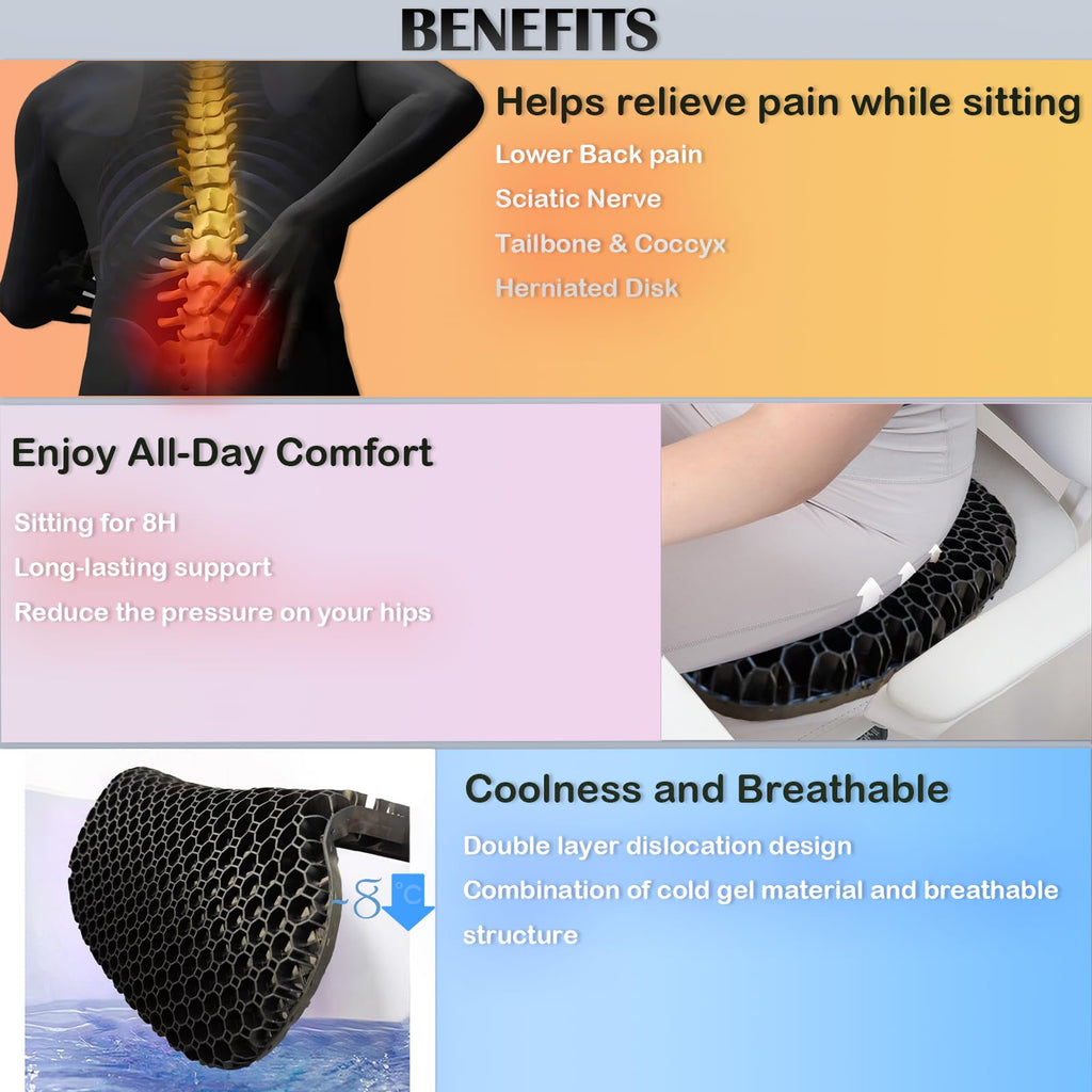 Ergonomic Gel Seat Cushion for Office & Car - Breathable, Cooling, Sciatica & Back Pain Relief, Large Size (18x15x2 Inches)