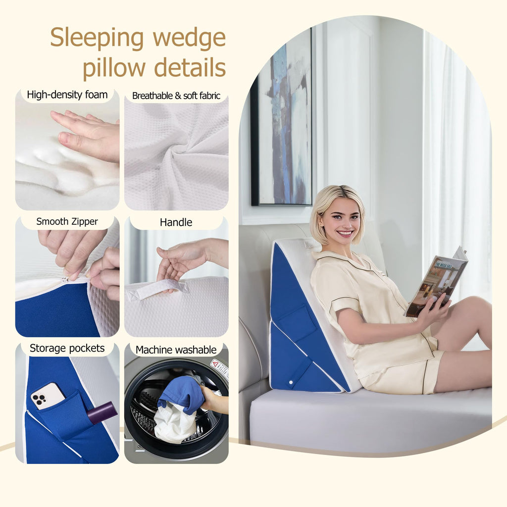 Pilyore Wedge Pillow for Sleeping, 7-in-1 Adjustable Bed Wedge Pillow for Back/Leg Support, 10" & 12" Triangle Pillow Wedge Elevated Pillows for Sleeping with Handle and Washable Cover, Blue & White
