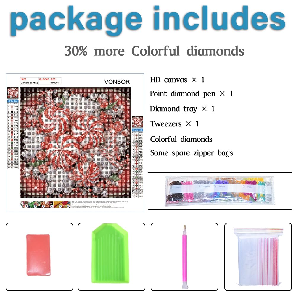 VONBOR Christmas Candy Diamond Art Painting Kits for Adults & Kids Beginner, Christmas Diamond Art for Adults Full Round Drill, DIY Paint with Diamond Dots Gem Art Craft Set Picture Gift 12 * 12 inch