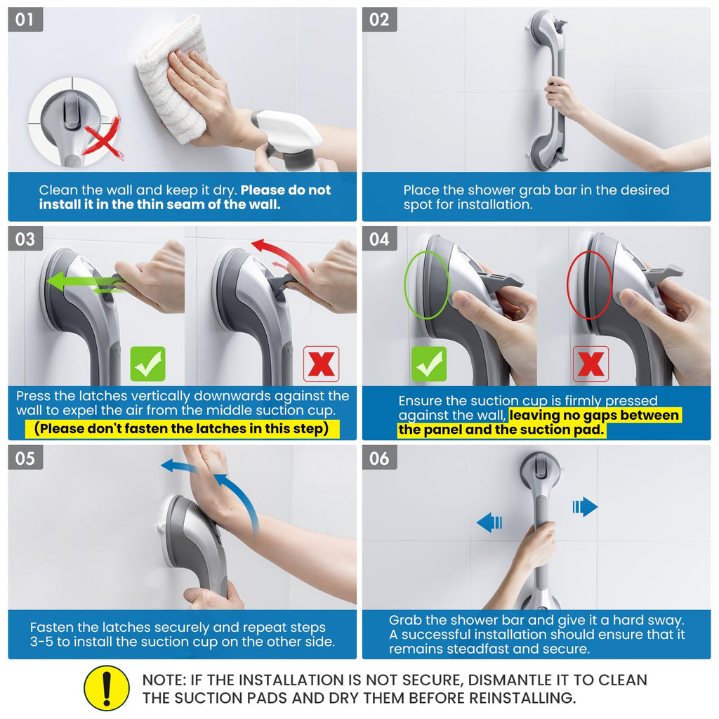 LEVERLOC Shower Grab Bars for Bathtubs and Showers, Easy to Install Suction Shower Handle for Bathroom Removable Safety Grip for Seniors Elderly, Heavy Duty Handrails Waterproof No Drilling, Silver