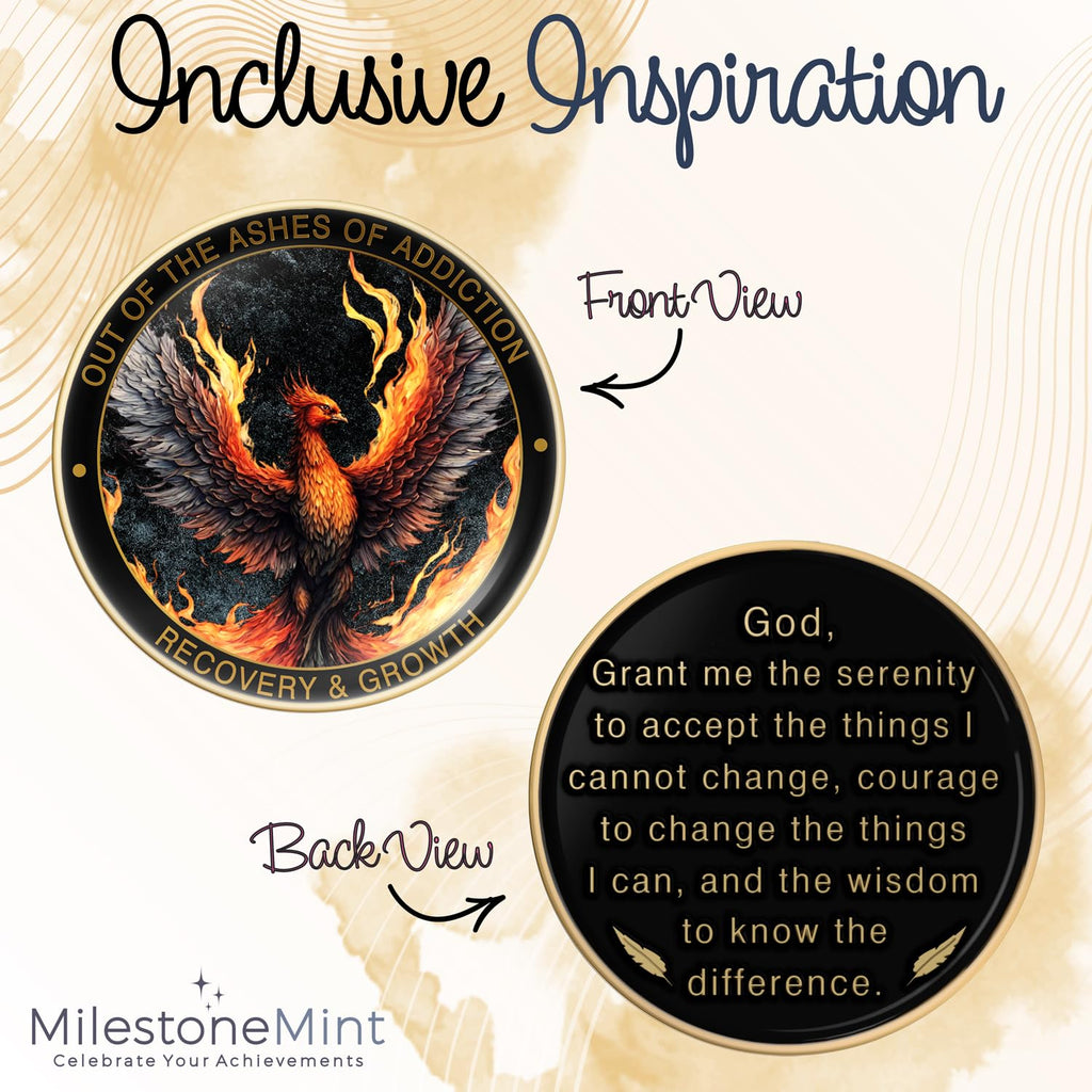 MilestoneMint Phoenix Sobriety Coin | AA Chip Medallion Gift Set with Coin Capsule, Display Stand & Card for Sober Men & Women in Recovery | Sobriety Gifts for Anniversary Month & Year