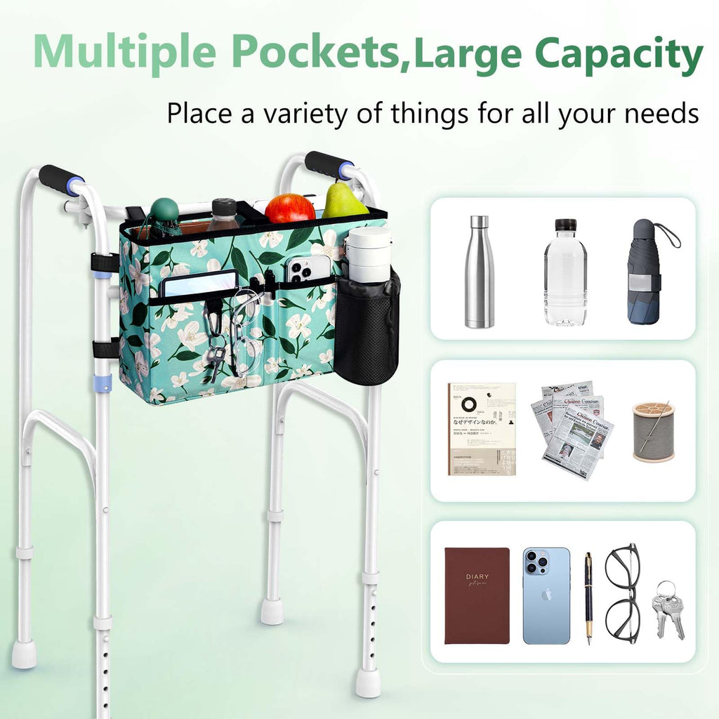 Rhino Valley Walker Bag, Multi Pockets Folding Walker Basket Tote Bag with Cup Holder, Hand-free Carry Pouch Storage Bag for Universal Walkers, Large Capacity Organizer for Seniors Elderly, Flower