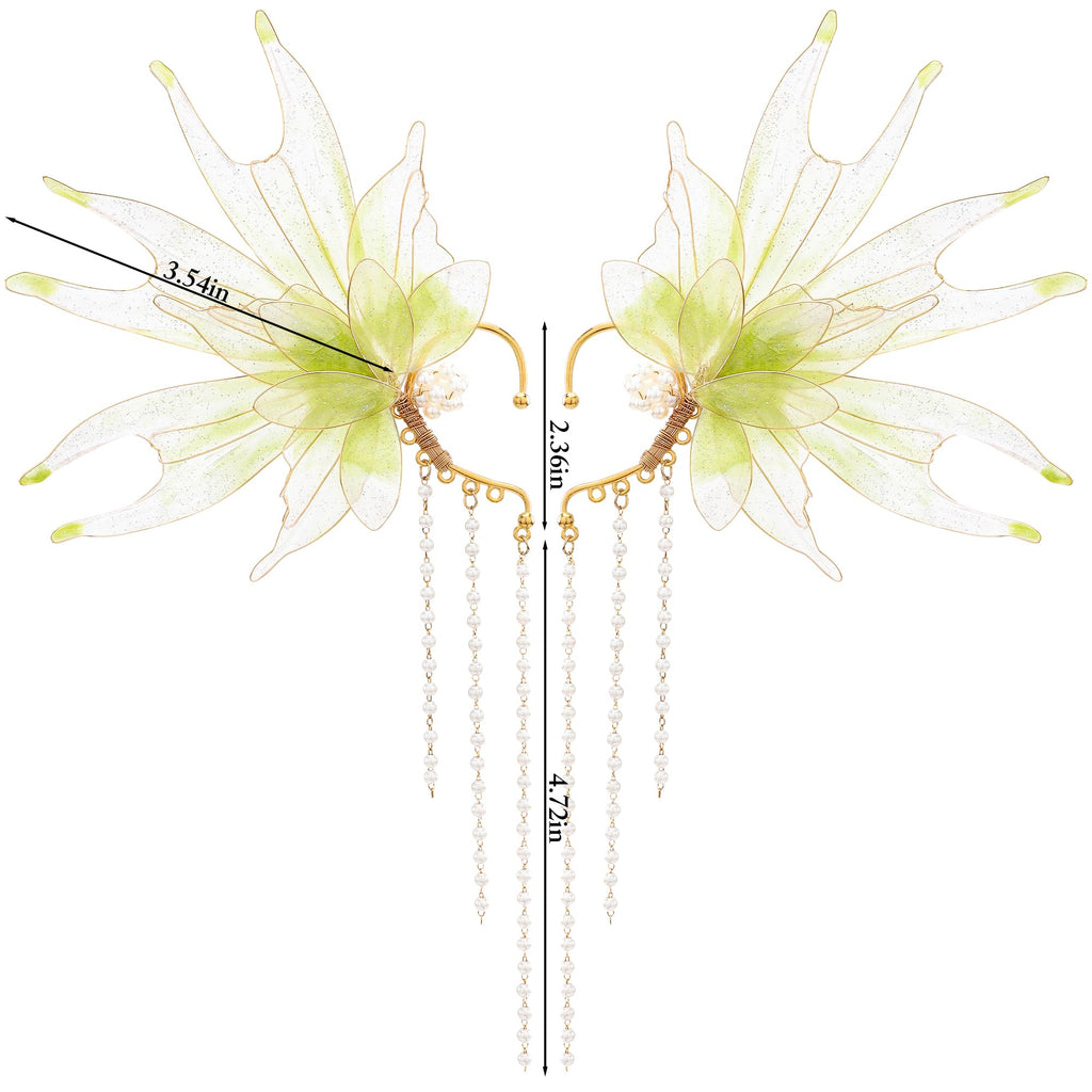 FRESHME Mermaid Elf Ear Cuffs - Fairy Ears Elven Mermaid Green Auricular Fins Earring with Tassel Non Piercing Ear Clips Dress Up Cosplay Renaissance Christmas Halloween Accessories for Women Adult