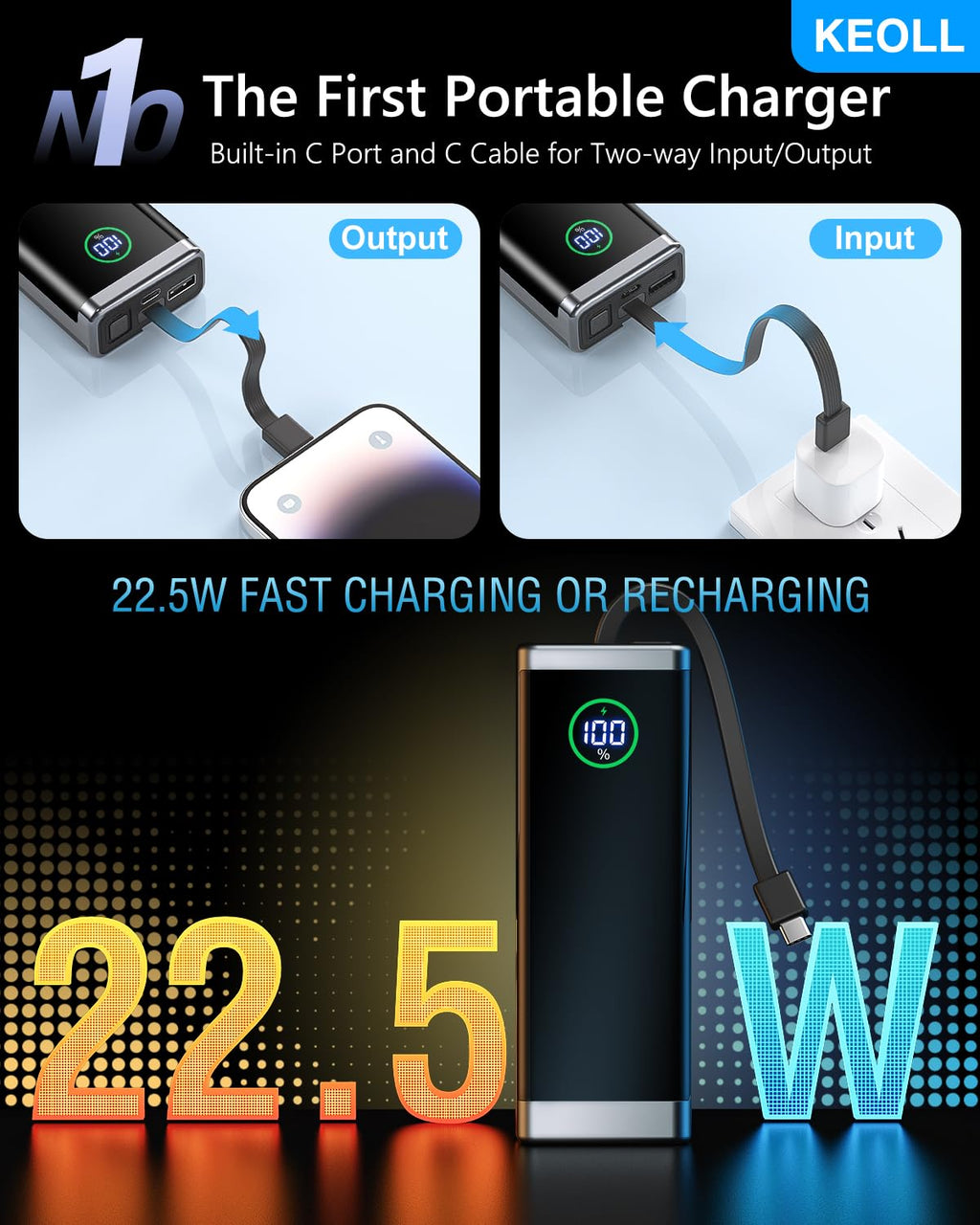 Portable Charger 40000mAh Power Bank, 22.5W Fast Charging Battery Pack with Built-in USB C in&out Cable, Ultra-High Capacity Portable Phone Charger for iPhone 16 15 14 13/ Galaxy S24 S22- Black,1 Pack