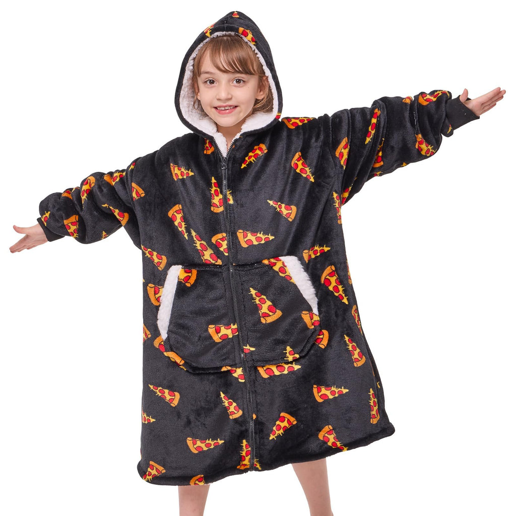 JOYWOO Kids Wearable Blanket Hoodie, Pizza Oversized Sherpa Hooded Blanket Birthday Christmas Gifts for Girl Boy, Cozy Sweatshirt Blanket with Giant Pocket and Zipper