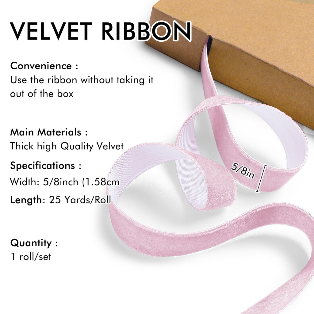 Pink Velvet Ribbon 5/8'' 25 Yards for Christmas Tree, Gift Wrapping, Flower Bouquet, Wreath Decorations, Bow Making
