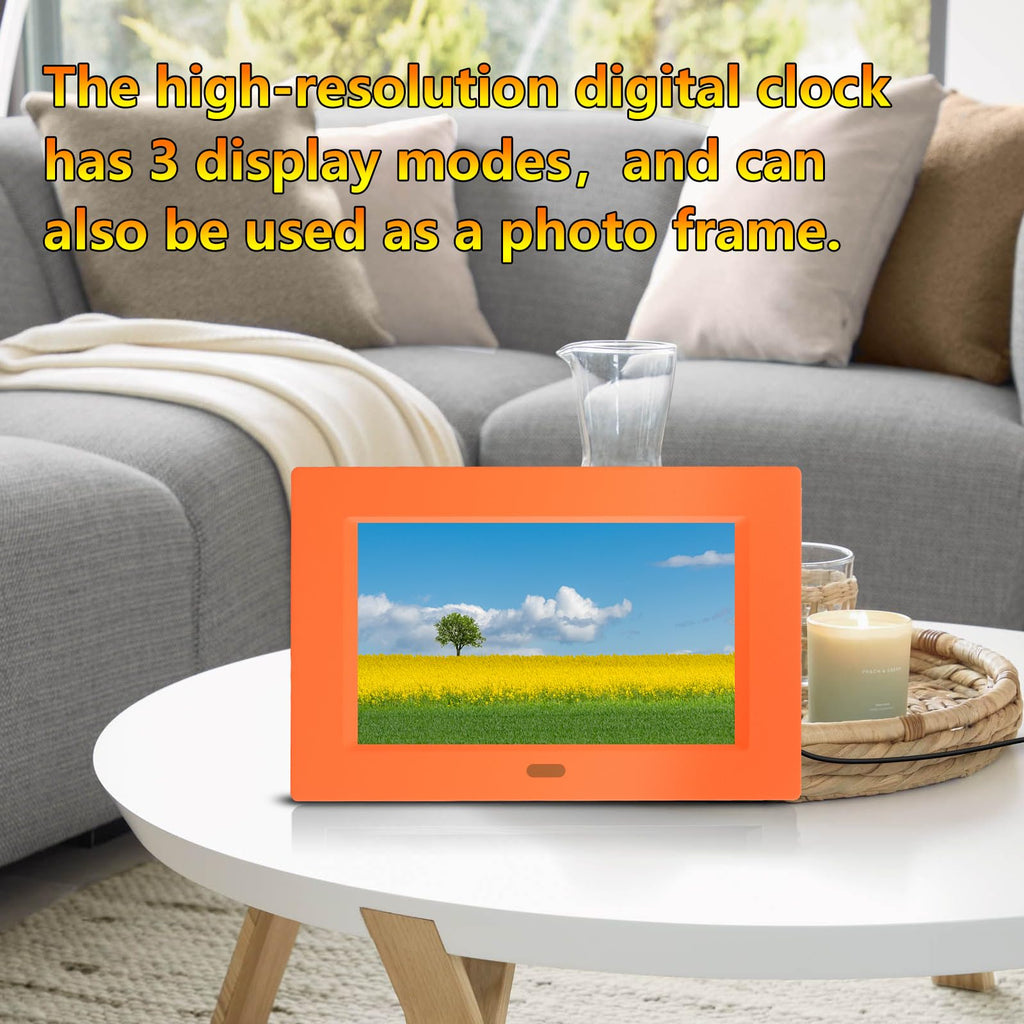 LXBYJKJ 7 Inch Digital Clock with Day and Date for Elderly Alzheimer's Dementia Clock Customizable Alarms 3 Display Modes Large Font Digital Alarm Clock for Seniors Orange