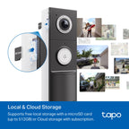 Tapo 2K+ Wired or Battery Powered Smart Video Doorbell with Chime - 180° Field of View, Person/Vehicle/Package Detection, Ring Call, 2-Way Audio, Subscription-Free Local Storage or Optional Cloud,D225
