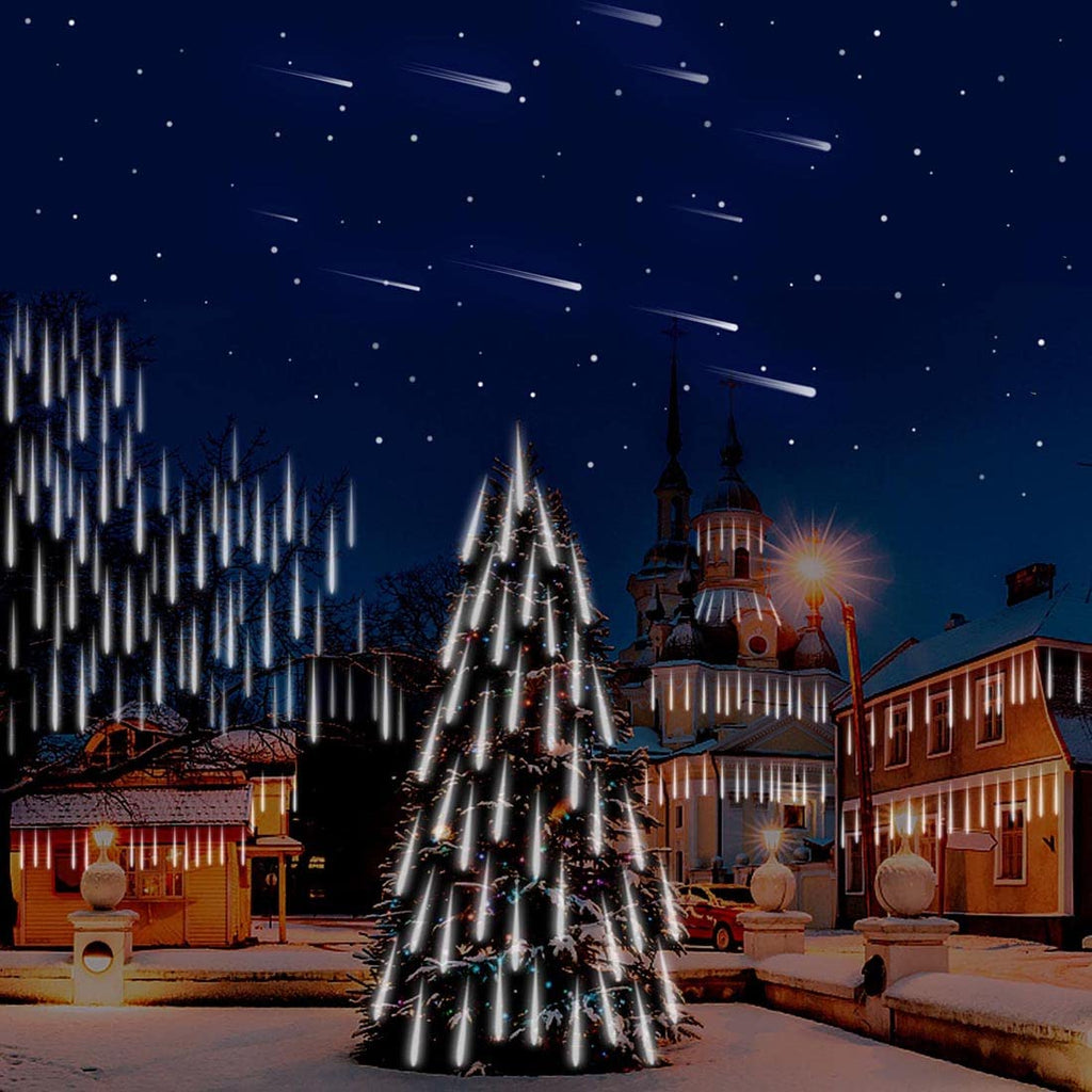 Adecorty Christmas Lights Outdoor, Meteor Shower Lights 8 Tubes 192LED UL Certified Snow Falling Rain Cascading Icicle Lights for Xmas Tree Christmas Decorations Outdoor Wedding Party Window, White