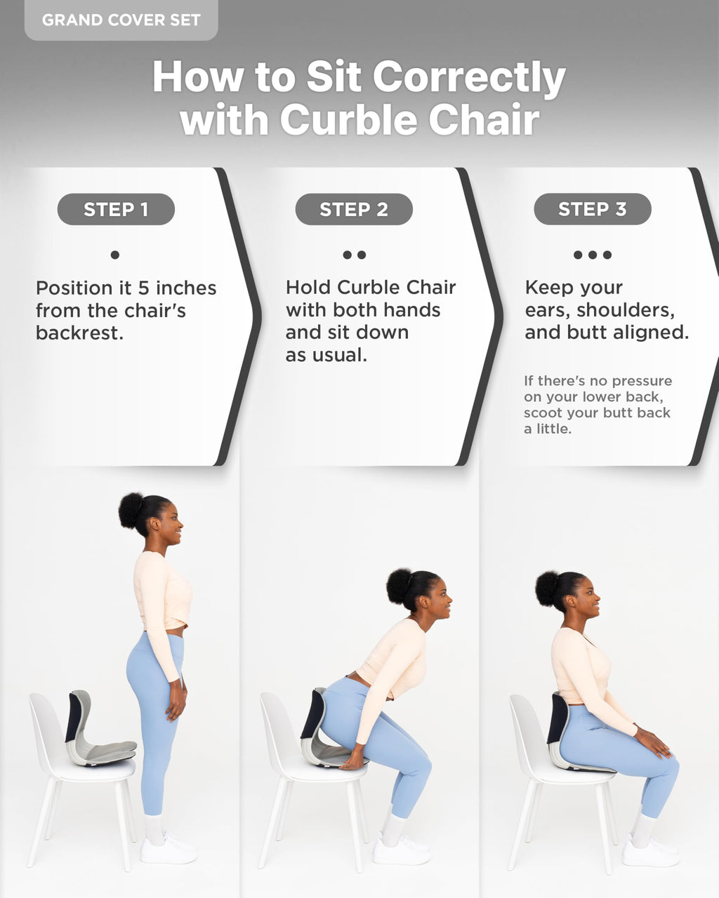 curble GRAND(Extra Wide&Sturdy) COVER SET – Ergonomic Back Support Chair with Detachable Cover, Lumbar Support for Posture Correction & Lower Back Pain Relief, Perfect for Home & Office(Set Grey)