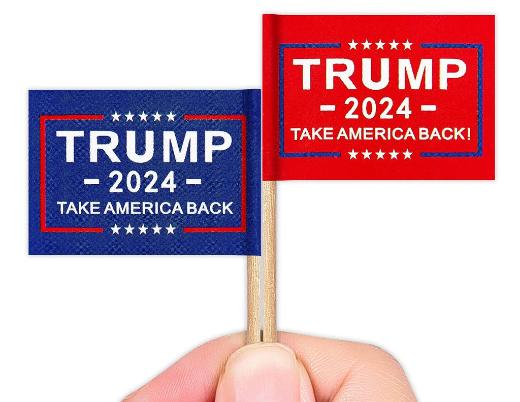 ZXvZYT Trump 2024 Flag Take America Back Flag Toothpick,Small Mini Donald Trump Cupcake Toppers Stick flags Decoration(50Pcs Blue and 50Pcs Red)