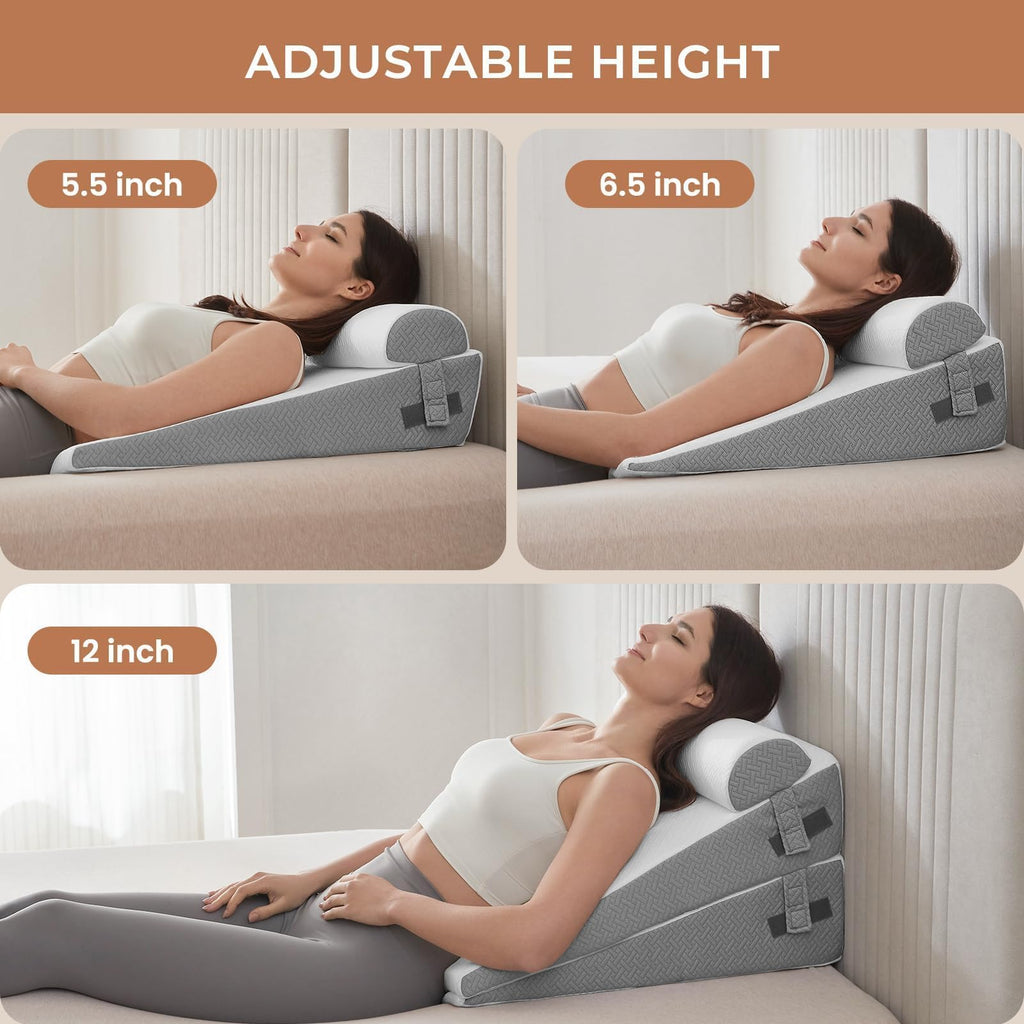 Sasttie Wedge Pillow, Bed Wedge Pillow Set for After Surgery, Acid Reflux and Sleeping, 3-Piece Detachable Design, Adjustable Height, White & Dark Grey