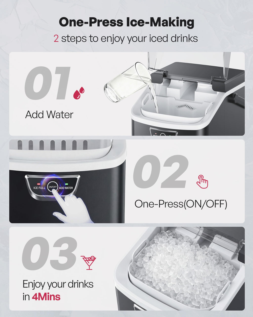 ICYGLEE Nugget Ice Maker Countertop with Handle, Ready in 4 Mins, Max 40lbs/24H, Chewable Ice, Self-Cleaning, Portable Sonic Ice Maker with Basket and Scoop, for Home/Party/RV/Camping (Black)