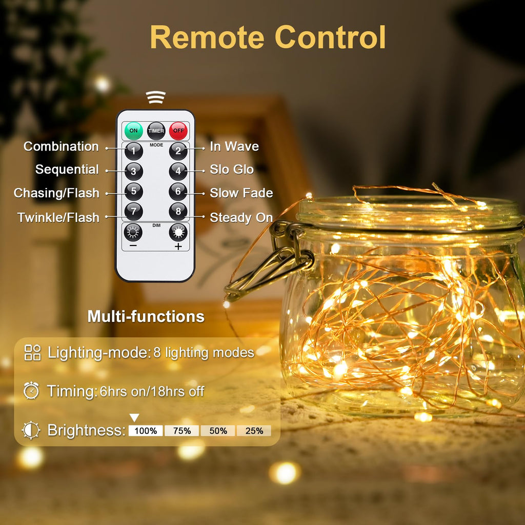 JMEXSUSS 2 Pack Fairy Lights Battery Operated with Remote, Total 200 LED 66ft Battery Powered Christmas Lights, 8 Modes Twinkle String Lights for Bedroom, Indoor Christmas Tree Decor, Warm White