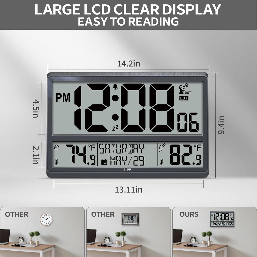 LFF Atomic Clock, Never Needs Setting, Battery Operated, Atomic Wall Clock with Indoor/Outdoor Temperature, Wireless Outdoor Sensor, Large Display Digital Calendar Clock for Elderly