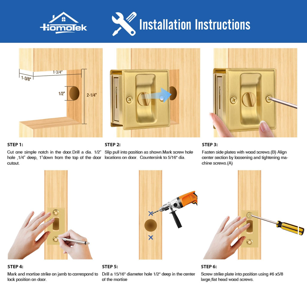 HOMOTEK 1 Pack Privacy Sliding Door Lock with Pull - Replace Old Or Damaged Pocket Door Locks Hardware Quickly and Easily, 2-3/4”x2-1/2”, for 1-3/8” Thickness Door,Brushed Brass