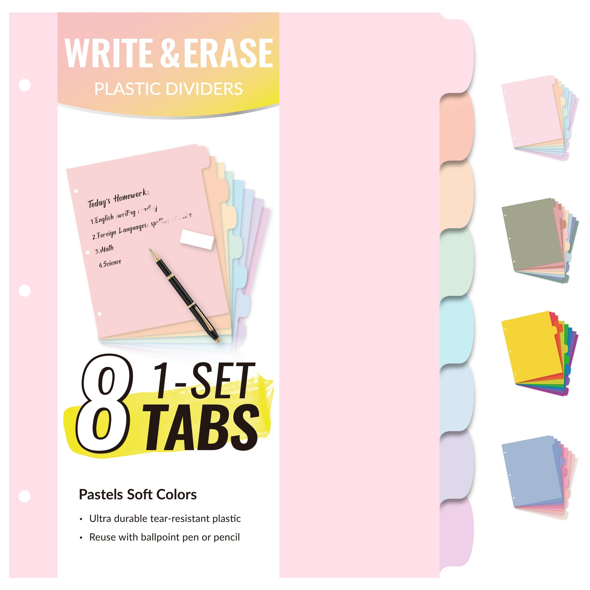 8 Tabs Long-Lasting Plastic Write & Erase Large Tabs Dividers for 3 Ring Binder, Aesthetic Cute Pastels Binder Dividers for Student, Teacher, Office, Home Organizers, 1 Set, Pastels Color