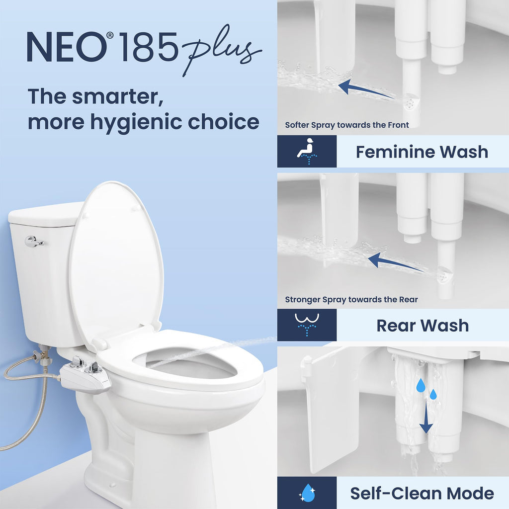 LUXE Bidet NEO 185 Plus - Dual Nozzle, Non-Electric Bidet Attachment for Toilet Seat, Patented Slide-In Install, 360° Self-Clean, EZ-Lift to Clean, Feminine & Rear Wash (Chrome)