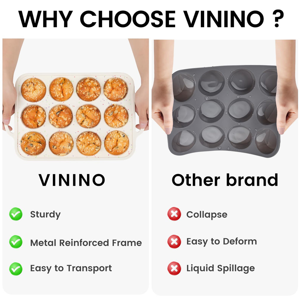 Vinino 2Pack Silicone Muffin Pan for Baking with Metal Reinforced Frame, Regular 12 Cup and Jumbo 6 Cup Nonstick Cupcake Pan Set, BPA Free Silicone Muffin Tray Molds for Oven Dishwasher Safe
