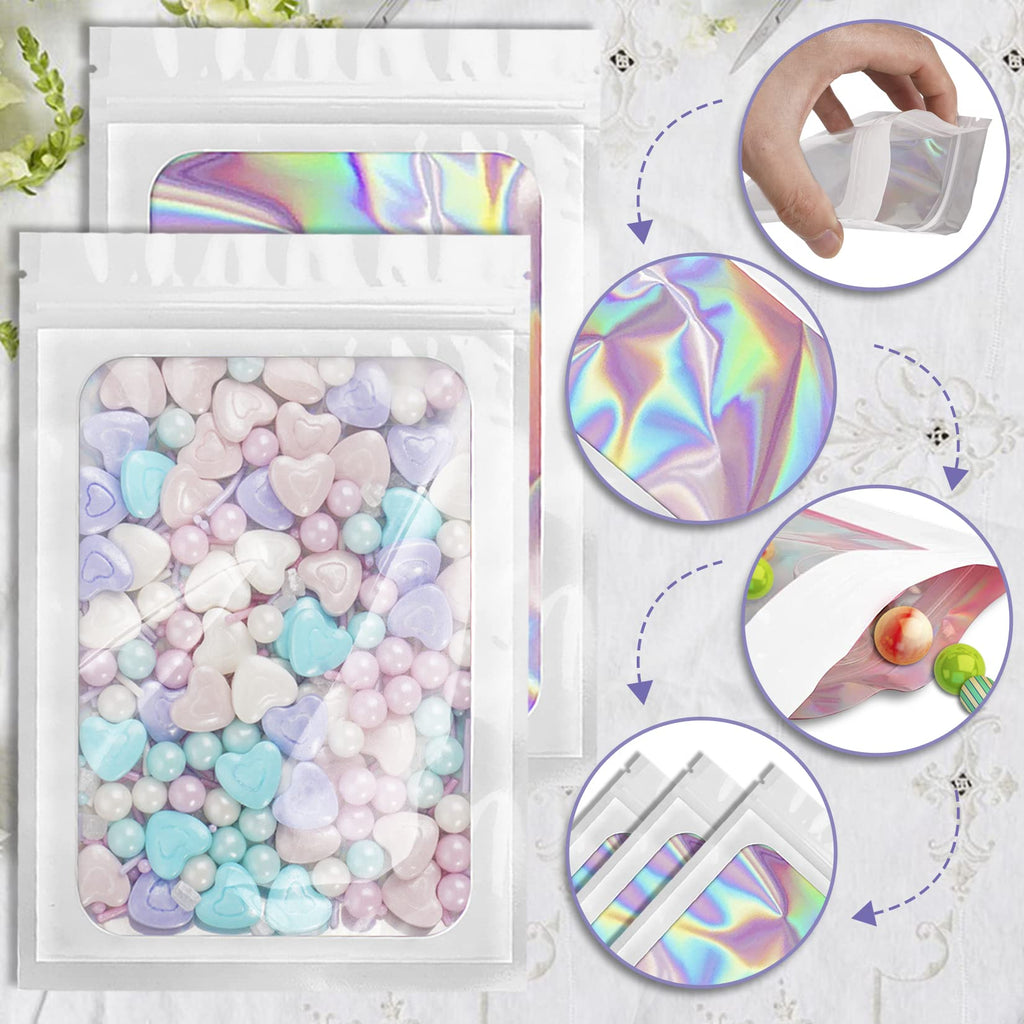100 Pieces Smell Proof Mylar Bags, Holographic Packaging Bags, Resealable Odor Foil Pouch Zipper Bags with Clear Window for Food Storage and Lipgloss, Jewelry Lash (White, 4.3 x 7.5 Inch)