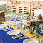 16Pack Disposable Plastic Tablecloths and Satin Table Runner Set Blue and Gold Dot Tablecloth Gold Satin Table Runner for Wedding Birthday Baby Shower Anniversary Christmas New Year Party Decorations