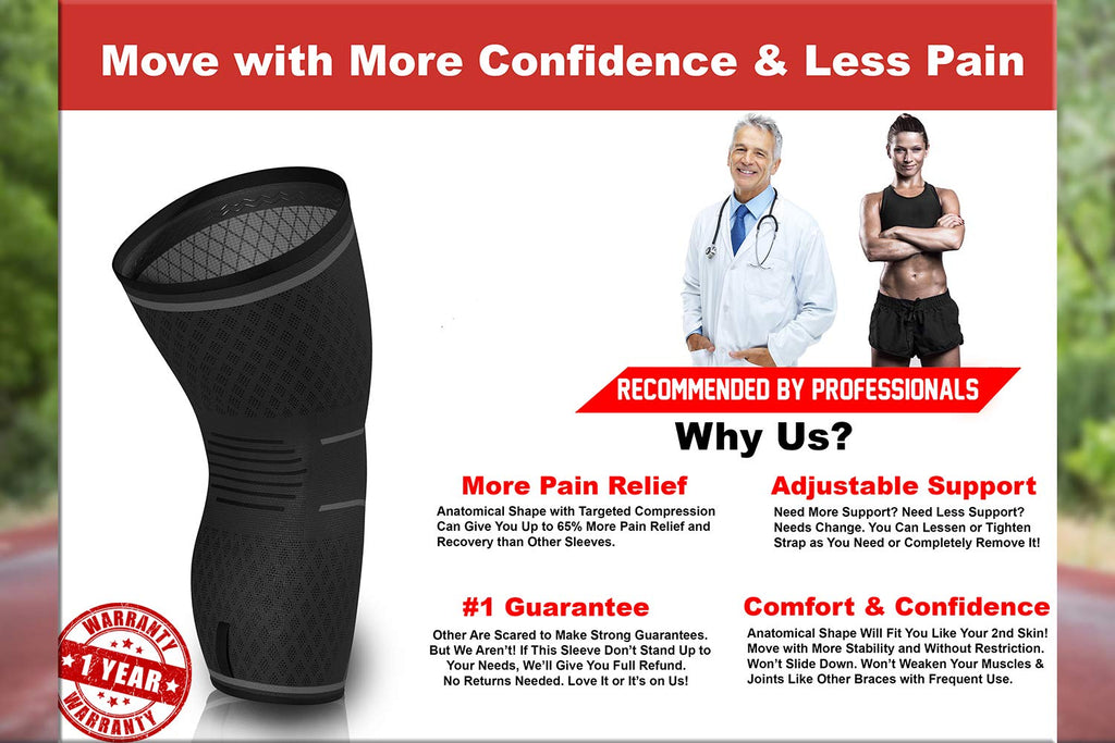 ATHLEDICT Knee Brace Compression Sleeve with Strap for Best Support & Pain Relief for Meniscus Tear, Arthritis, Running, Basketball, MCL, Jogging and Recovery for Men & Women (Black, X-Large)