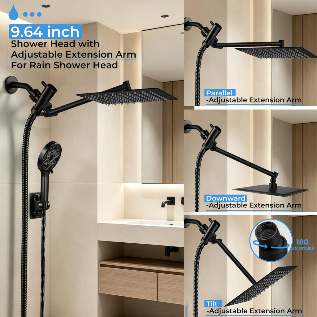 Shower Head, 8 inch Multifunction High Pressure Rain Shower Head with Handheld Spray Combo with 11'' Angle Adjustable Extension Arm/Flow Regulator/Shower System Matte Black