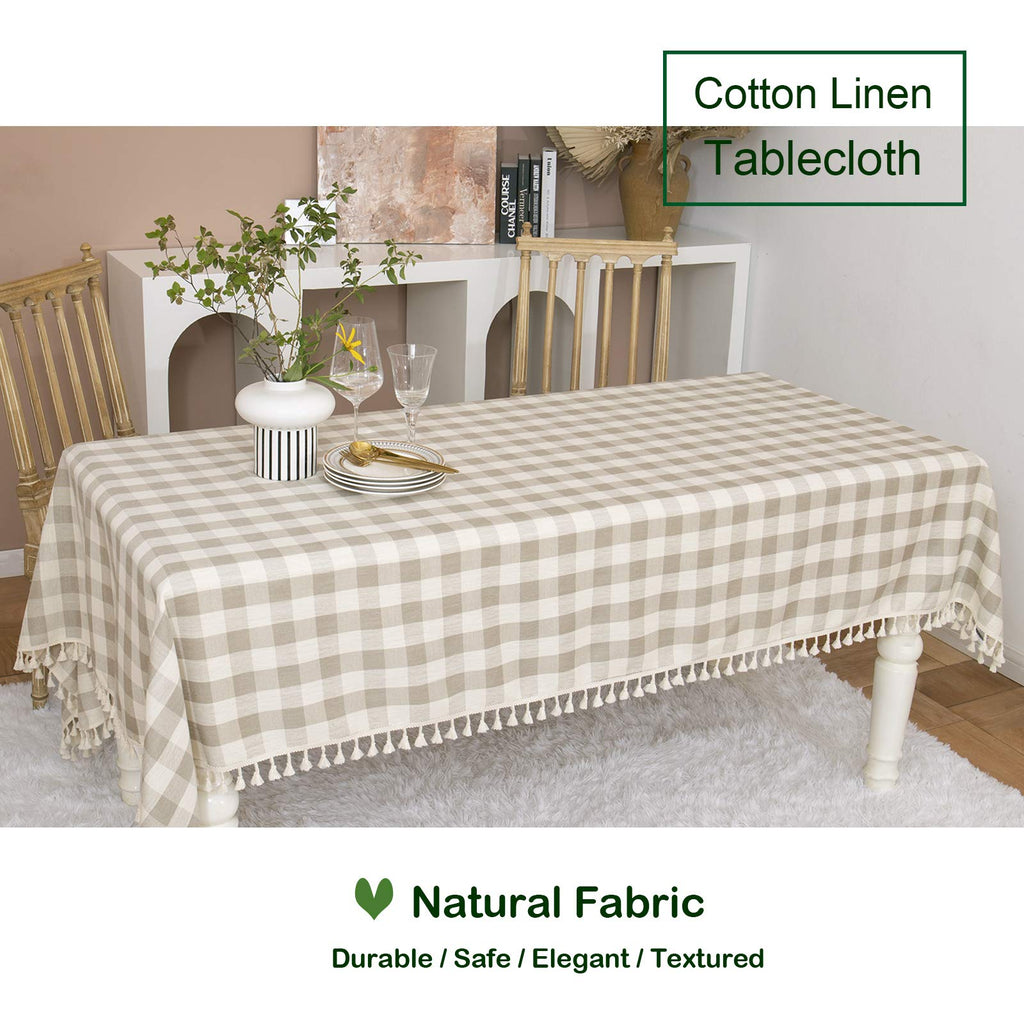 Midsummer Breeze Rustic Checkered Tablecloth, Cotton Gingham Rectangle Table Cloths for Kitchen Dining Restaurant Farmhouse Thanksgiving Christmas Décor(55x102”,Gray Khaki)