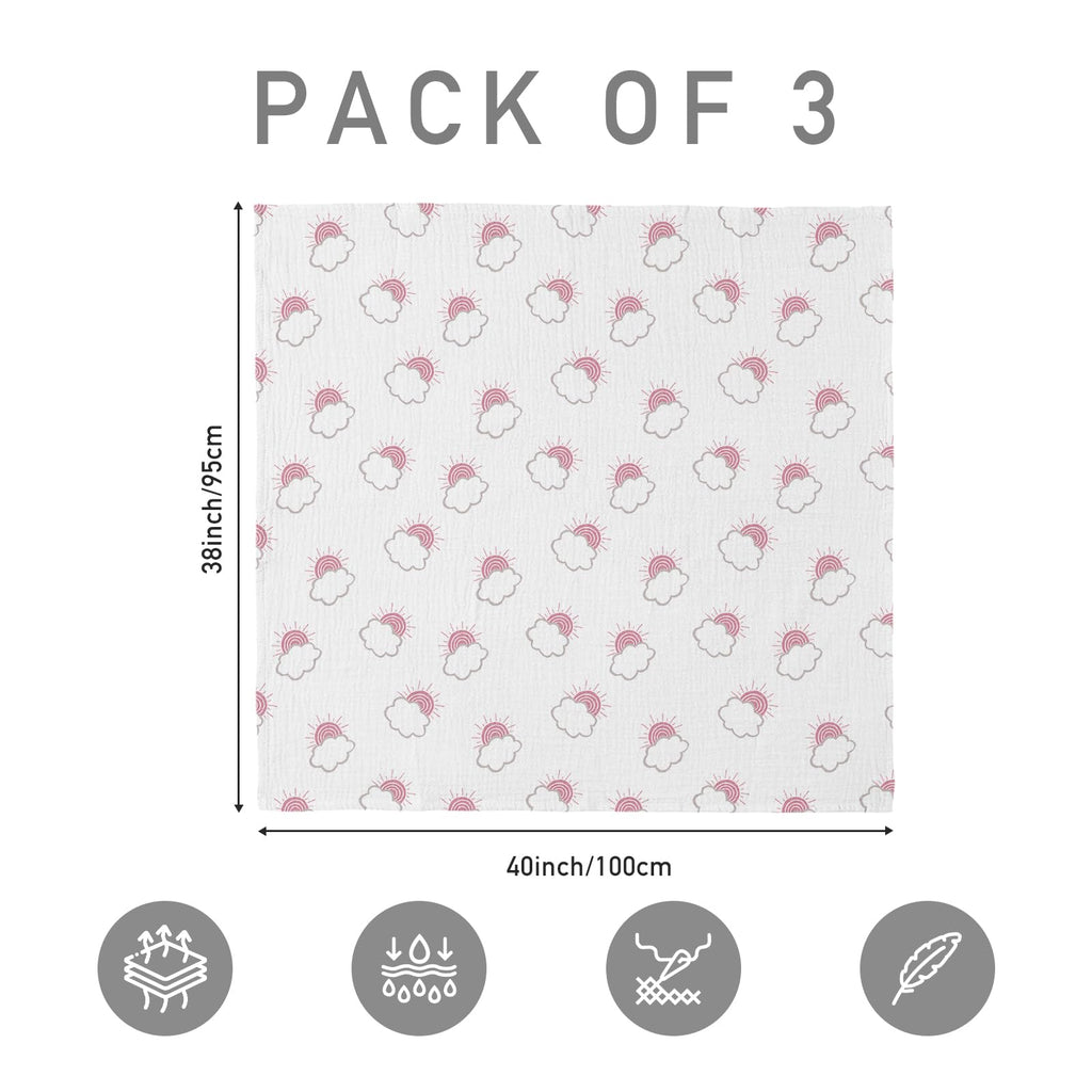 Muslin Swaddle Blankets for Newborn, 3 Pack Breathable Soft Receiving Blanket, Large 38 x 40 inches Swaddle Wrap Burping Clothes Diapers, Essentials Infant Shower Items, Toddler Gift (Clouds & Stars)