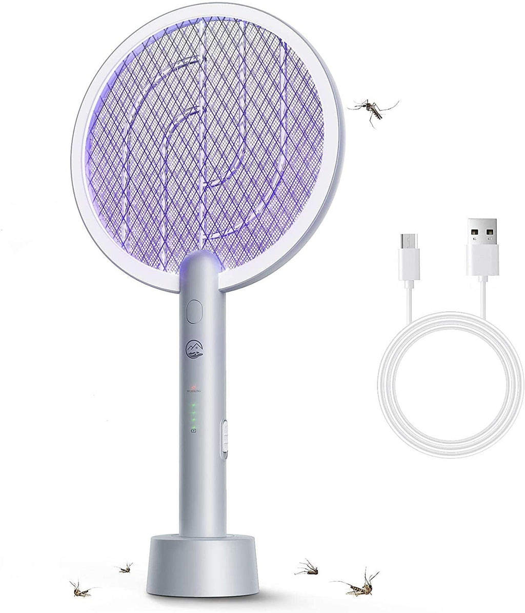 Electric Fly Swatter Racket 1 Pack, Mosiller 2 in 1 Bug Zapper with USB Rechargeable Base, 4000 Volt Indoor Outdoor Mosquito Killer with 3-Layer Safety Mesh for Pest Insect Control & Flying Trap