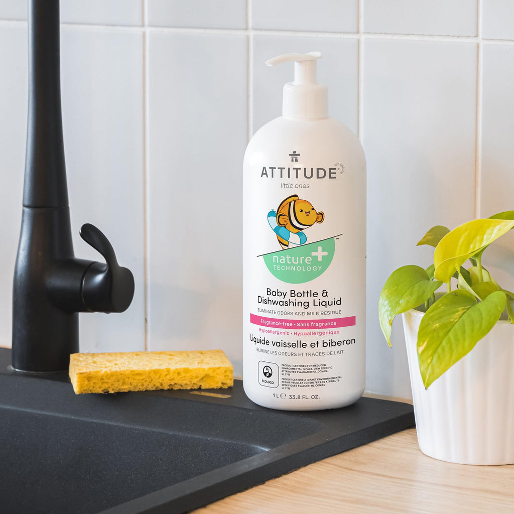 ATTITUDE Baby Bottle and Dishwashing Liquid, EWG Verified, No Added Dyes or Fragrances, Tough on Milk Residue and Grease, Vegan and Cruelty-free, Unscented, 33.8 Fl Oz
