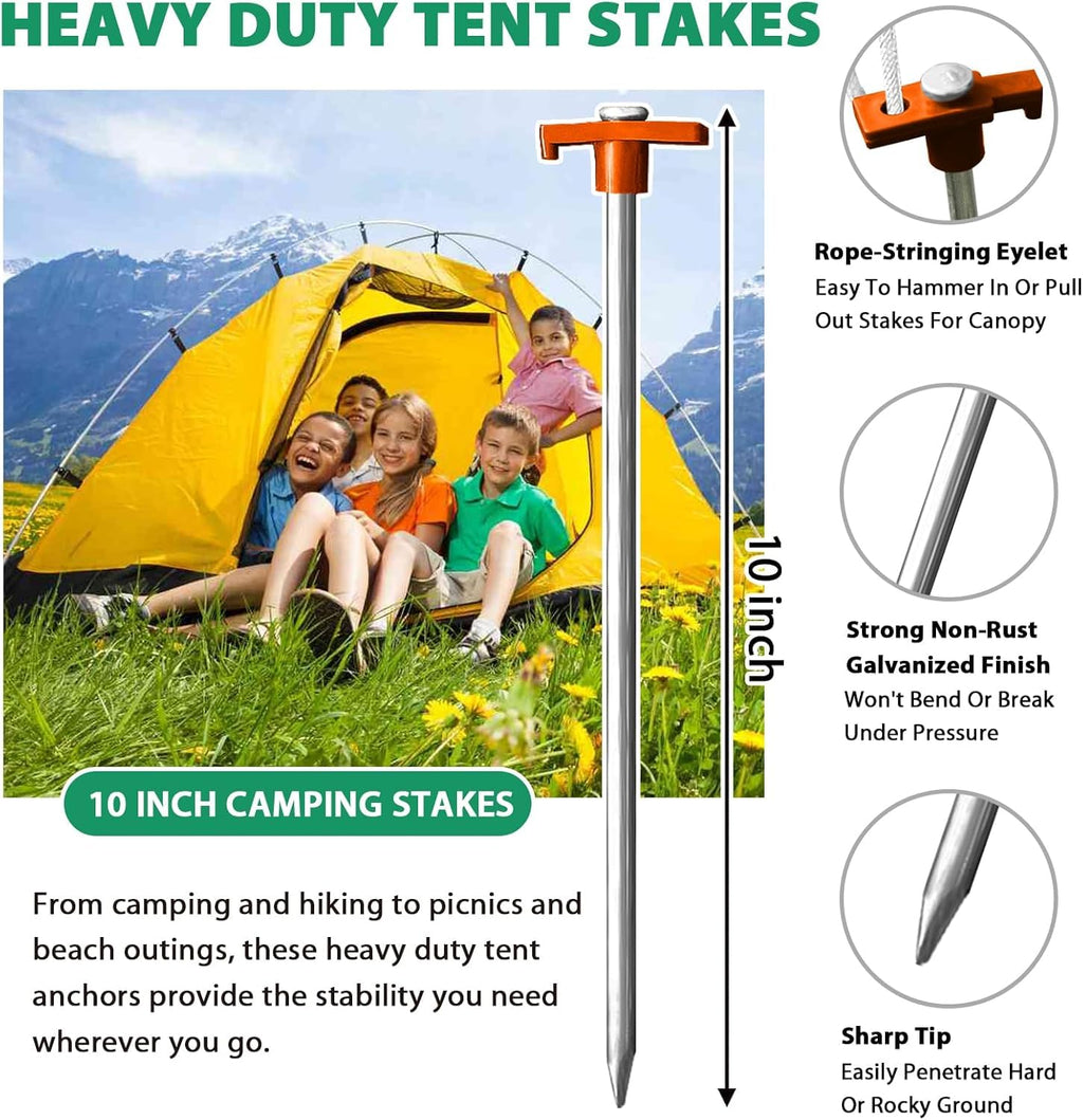 Eurmax USA 20-Pack Secure Protection Galvanized Tent Stakes,Rust-Proof Steel Canopy Anchors for High Winds,Heavy Duty Commercial Ground Pegs for Camping,Pop Up Tents&Gazebos - Includes 4x10ft Ropes